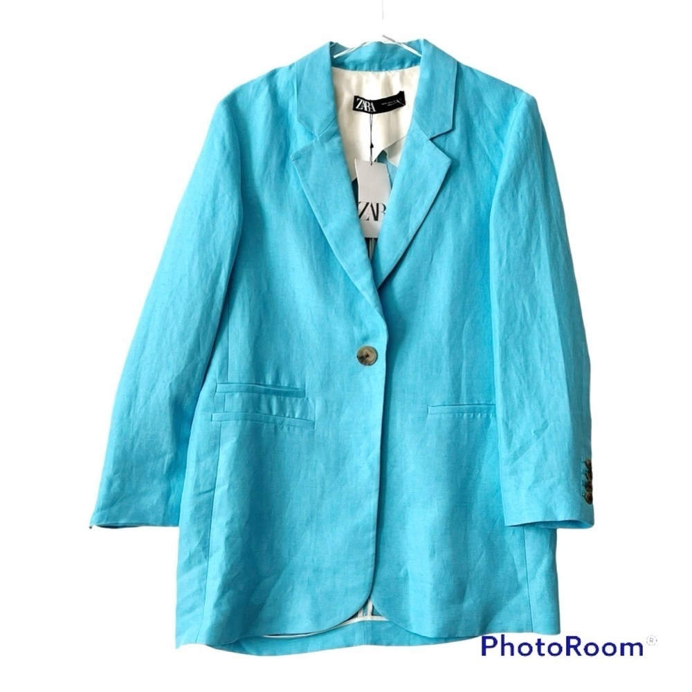 Zara Linen-Blend Oversized Single-Breasted Blazer in Sky Blue Size Small NWT
